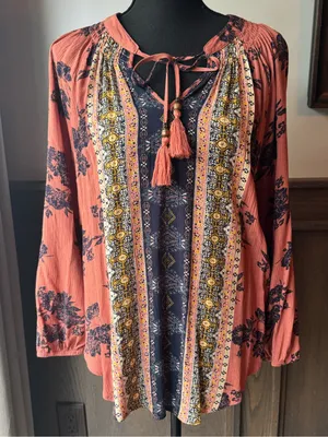 Women’s Coral and Navy Boho Tassel Tie Tunic medium thumbnail 1
