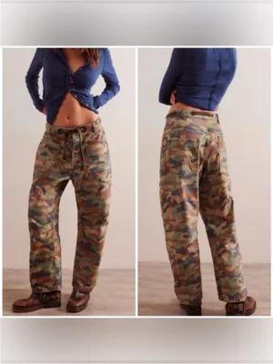 NWOT Free People We The Free Moxie Printed Low-Slung Barrel Jeans Green Camo 29 thumbnail 2