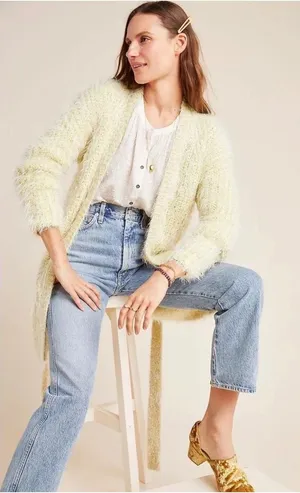 Anthropologie Womens Larkin Shimmer Metallic Fuzzy Eyelash Cardigan Yellow Large thumbnail 1