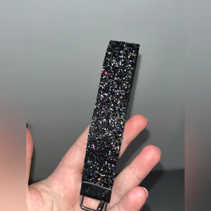 Handmade Black Rainbow Confetti Glitter Canvas Faux Leather Wristlet Keychain thumbnail 4