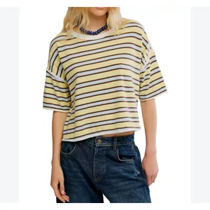 We The Free Striped Tee Rugby Size XS Lemon Brown Blue White thumbnail 6