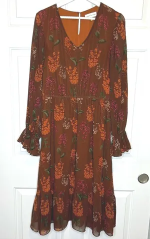 Gibson Latimer Floral‎ Print Long Sleeve Midi Dress Brown Orange Size Unknown thumbnail 1