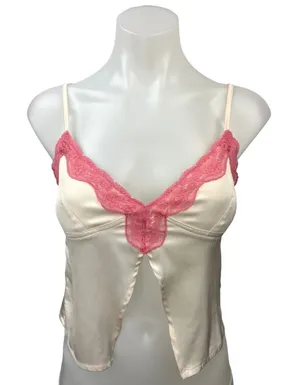 Edikted White Pink Lace Silk Satin Cami Camisole Spaghetti Strap Crop Tank Top S thumbnail 1