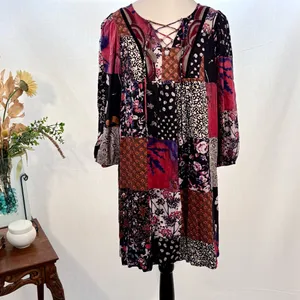 ONE SEPTEMBER Anthro Arcata Patchwork Beaded Lace Up Swing Dress Sz Small💛 thumbnail 12
