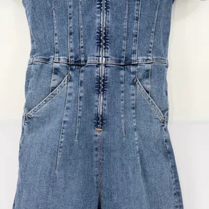 FP We The Free Jayde Flare Denim Jumpsuit Blue Zip Front Retro Romper Size L thumbnail 4