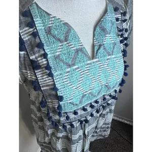 THML Womens Striped Boho Embroidered Pom Pom Trim Shift Dress Grey Blue TM3130 M thumbnail 3