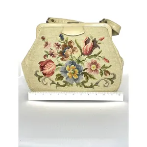 Vintage 50's Needlepoint Floral Purse Handbag Pockets Coin Purse Beige thumbnail 9