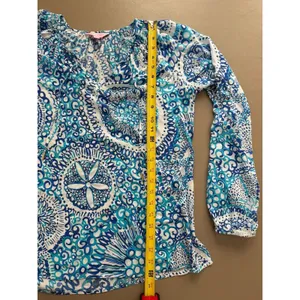 Lilly Pulitzer Willa Blouse Womens Medium Blue Midnight Print V Neck Tunic Top thumbnail 7