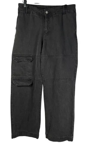 Forever 21 Women‎ Cargo Jeans Black Size 28 High Rise Wide Leg Denim Pants Baggy thumbnail 1