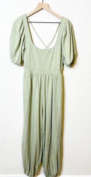 Free People Knit Jumpsuit Romper Onesie Green Aloe Wash Womens‎ Size L thumbnail 1