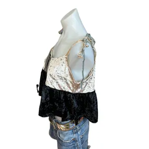 Black Velvet Babydoll Crop Top MEDIUM Ruffle Camisole Dark Romance Going Out NEW thumbnail 5