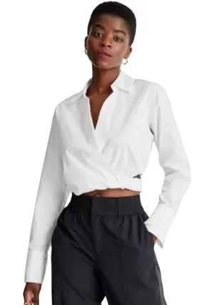 Future Collective Kahlana Barfield Brown White Cropped Button Up Shirt Size L thumbnail 1