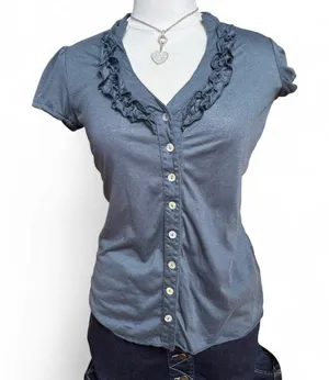 Self Esteem Vintage Y2K Women’s Deadstock Gray Button Up Top with Ruffle detail size M thumbnail 1