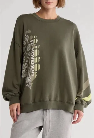 Free People Movement All Star Buti Logo Sweatshirt Sz L Oversized Green Stripe thumbnail 1