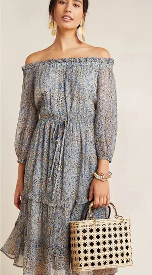 Anthropologie Kira Off-The-Shoulder Peasant Dress Blue Floral Size 0 thumbnail 1