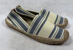 Tory Burch Striped Canvas Espadrille Flats Cream Blue Brown Slip On Shoes 9 thumbnail 1