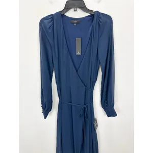 Lulus My Whole Heart Dark Navy Blue Long Sleeve Wrap Dress Chiffon Medium NWT thumbnail 6