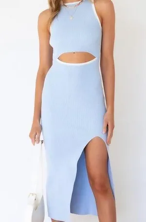Pink Women's Cutout Crew Neck Sleeveless Tank Slit Ribbed Bodycon Midi Dresses thumbnail 1