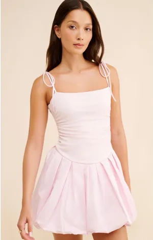 Free People Genevieve Mini Dress Pink Bubble Skirt Tie Shoulder XS Balletcore thumbnail 1