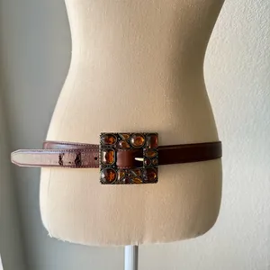 Vintage Jeweled Buckle Leather Belt Women's Medium Brown Elegant Style thumbnail 1