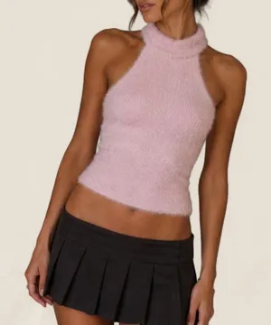 Source Unknown Fuzzy Baby Pink Turtleneck Halter Top Y2K Soft Girl small thumbnail 1