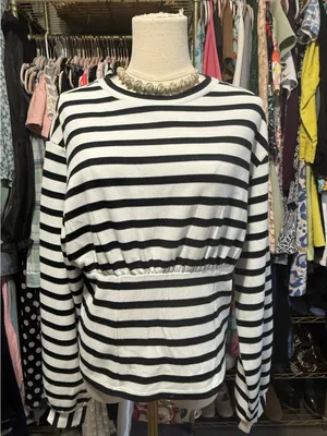 Anthropologie Maeve Striped Cinched Waist Long Sleeve Top M Black White thumbnail 2