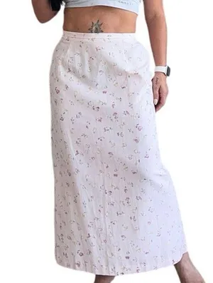Coldwater Creek Linen Blend Floral Midi Skirt Pink White Cottagecore vintage M thumbnail 1