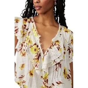Free People Blouse Womens Small White Floral FP‎ One Adella Ruffle Boho Top thumbnail 3