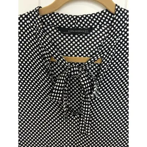 Zara Black White Polka Dot Bell Sleeve Mini Dress Tie Neck M Preppy LBD Cocktail thumbnail 4