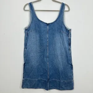 Madewell Denim Pinafore Dress Blue‎ Wash Sleeveless Side Zip Pockets Size L thumbnail 3