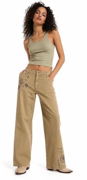 Hearts‎ of Palm Embellished Khaki Wide Leg Pants 16 Boho Indie Cottagecore Y2K thumbnail 1