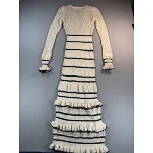 Kivari Cream Black Striped Ruffle Knit Maxi Dress Long Sleeve Size US 4 thumbnail 2