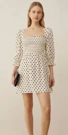 REFORMATION Zaria Dress Portofino Polka Dot Black White Smocked Mini Dress XS thumbnail 1