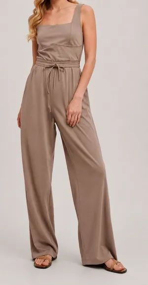 Women’s Sleeveless Square Neck Knit Jumpsuit – Soft Stretchy Wide Leg One Piece with Drawstring Waist & Pockets thumbnail 1