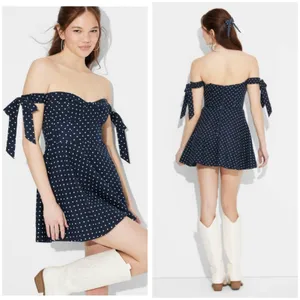 Megan Moroney Blue Polka Dot Corset Mini Dress Size XXL Off Shoulder Heart Retro thumbnail 14