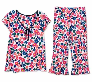 Kate Spade Pajama Set‎ Multi Color Floral Ruffle Trim Womens Small NWT thumbnail 1