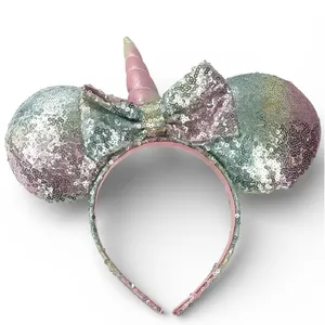 Disney Minnie Mouse unicorn sequin ear headband ears Disneyland Glitter Bow thumbnail 1