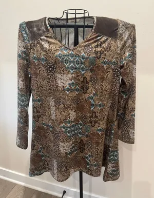 Krazy Kat Brown Teal Paisley Print Velvet Shoulder Tunic Top Women’s Medium thumbnail 1
