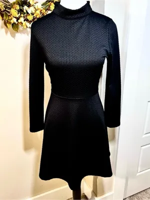 Free People Flirt N Flare Black Textured Open Back Mini Dress Mock Neck Sz M💛 thumbnail 3