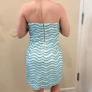 Lilly Pulitzer Leavens Top Notch Strapless Dress‎ Blue White Floral Embroidery 4 thumbnail 2