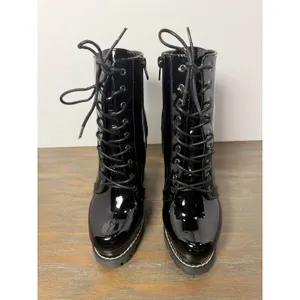 Liliana Black Patent Lace-Up Combat Boots Chunky Platform Heel Size 8 thumbnail 6