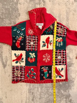 Tiara International Red Holiday Zip-Up Patchwork Sweater thumbnail 6