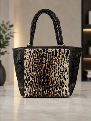 Ellie Tahari Black Pebbled Leather Toto Leopard Design Calf Hair Used ONCE EUC thumbnail 3