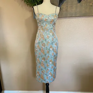 NWOT Lulus Enviable Aesthetic Light Blue Floral Jacquard Bustier Midi Dr… thumbnail 3