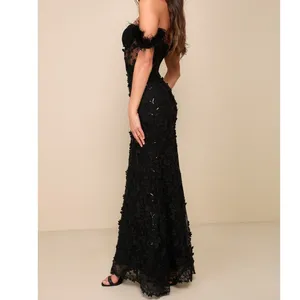 NEW Lulus Midnight Sparkle Black Embroidered Feather Bustier Maxi Dress XS thumbnail 3