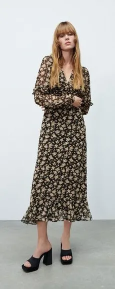 ZARA Ruffled Shimmer Printed Maxi Dress in Black/Ecru thumbnail 1