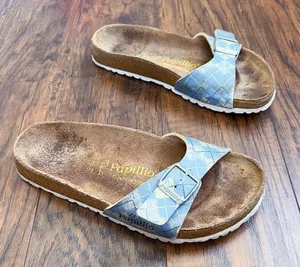 Birkenstock • Papillio Madrid Birko-Flor sandals slides blue argyle plaid thumbnail 1