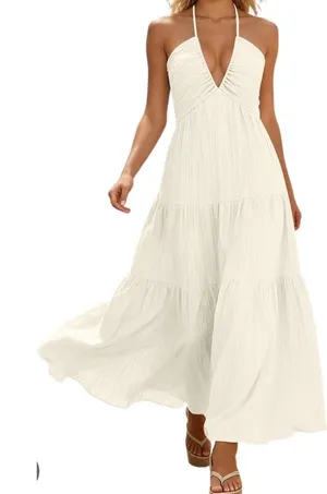 Womens Cream Halter Neck Open Back Tiered Maxi Dress Small Boho Beach Vacation thumbnail 1