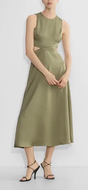 Aritzia Babaton Cella Satin NWOT Linen Blend Cutout Maxi Dress Open Back M Olive thumbnail 1