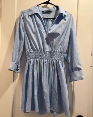 Zara‎ Light Blue Striped Shirt dress size L thumbnail 1